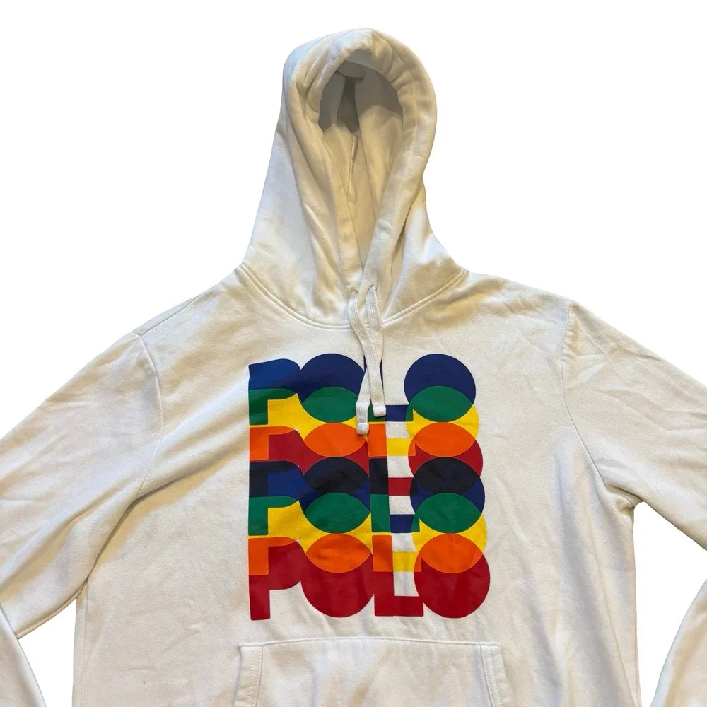 Polo Ralph Lauren Mens Logo Fleece Hoodie White Multi Color Stacked Graphic M